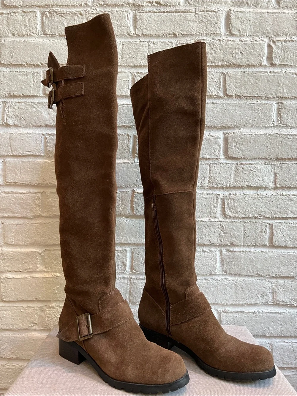 SOLE SOCIETY Brown Suede Over the Knee Lug Sole Low Heel Boots Buckles Size 6